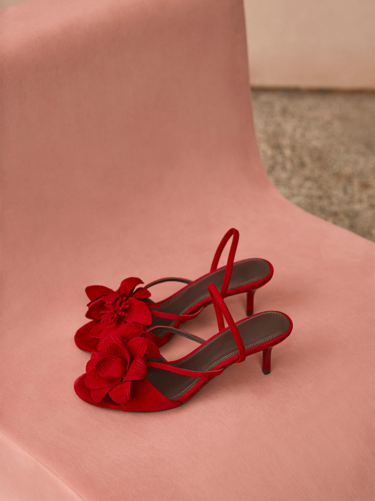 Red Cow Suede Round-Toe Front 3D Flower Detail Back Strap Kitten Heels