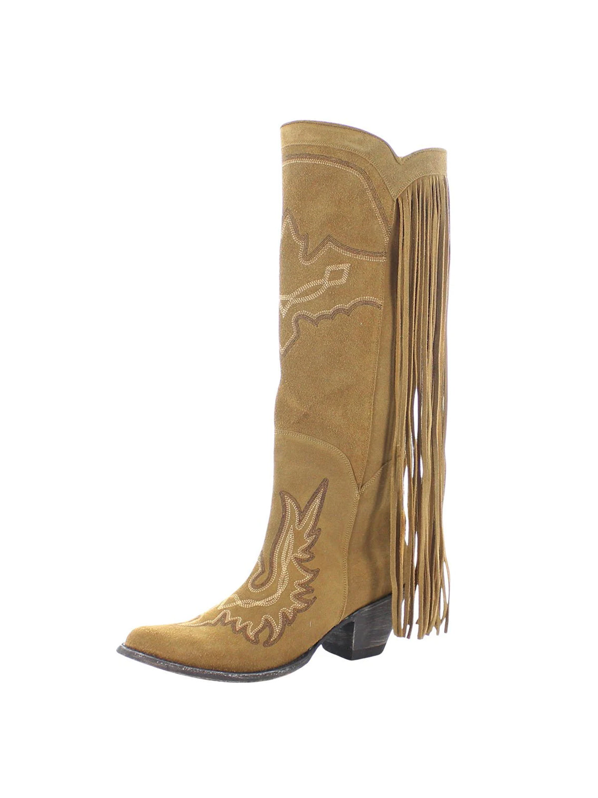 Almond-Toe Faux Suede Fringe Full-Zip Embroidery Knee High Cowgirl Boots - Tan