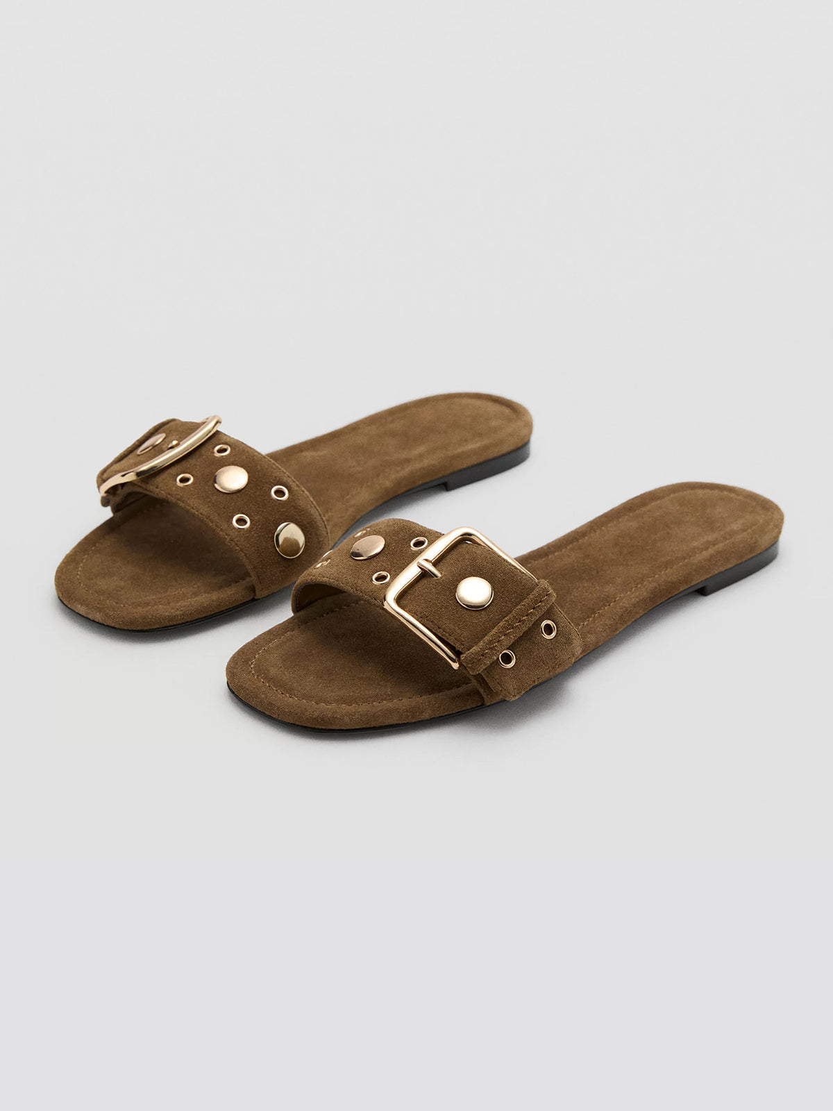 Brown Peep Square-Toe Front Buckle Strap With Studs And Eyelets Flats