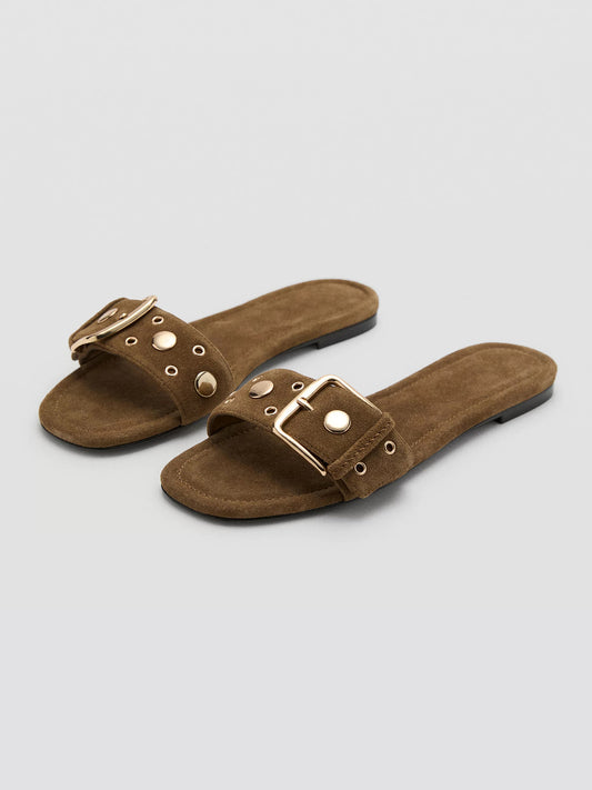 Brown Peep Square-Toe Front Buckle Strap With Studs And Eyelets Flats