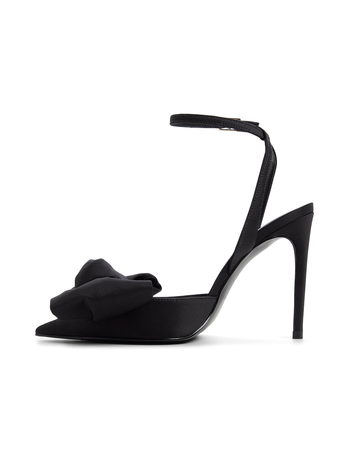 Black Satin Pointed-Toe Front Big Bow Slip-On Slingback High Heels