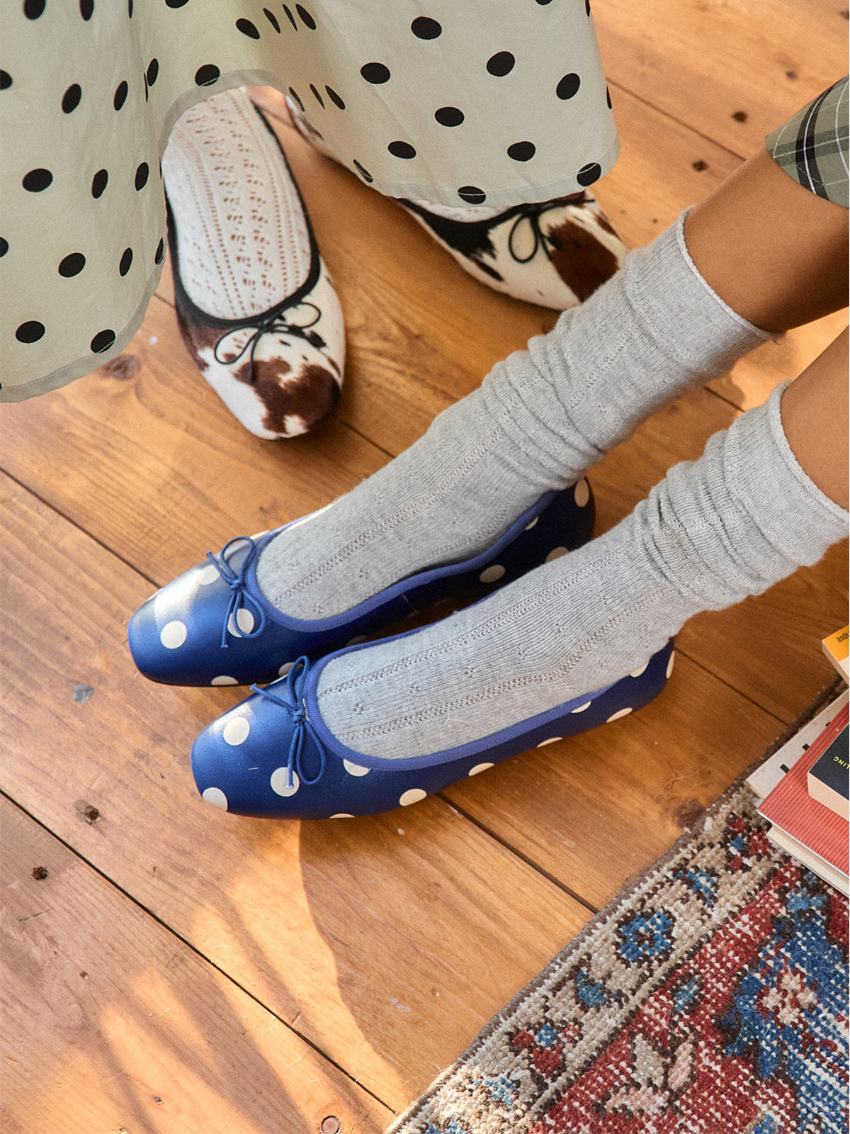 Blue Square-Toe Chic Front Bow Classic Slip-On Ballet Flats