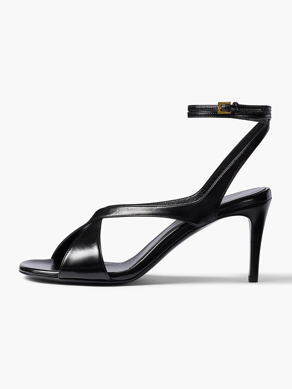 Black Round-Toe Crossed Straps Back And Ankle Strap Sandals Kitten Heels