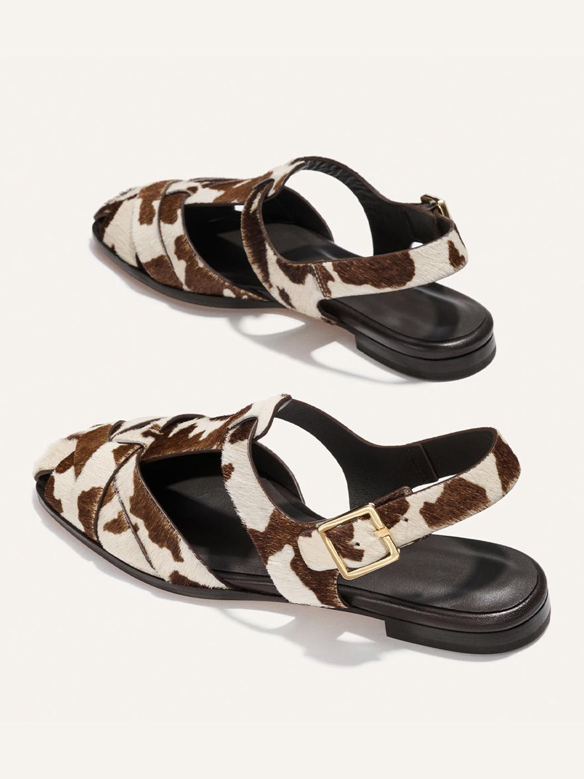 Cow Print Pony Hair Square-Toe Caged Fisherman Chic Flats
