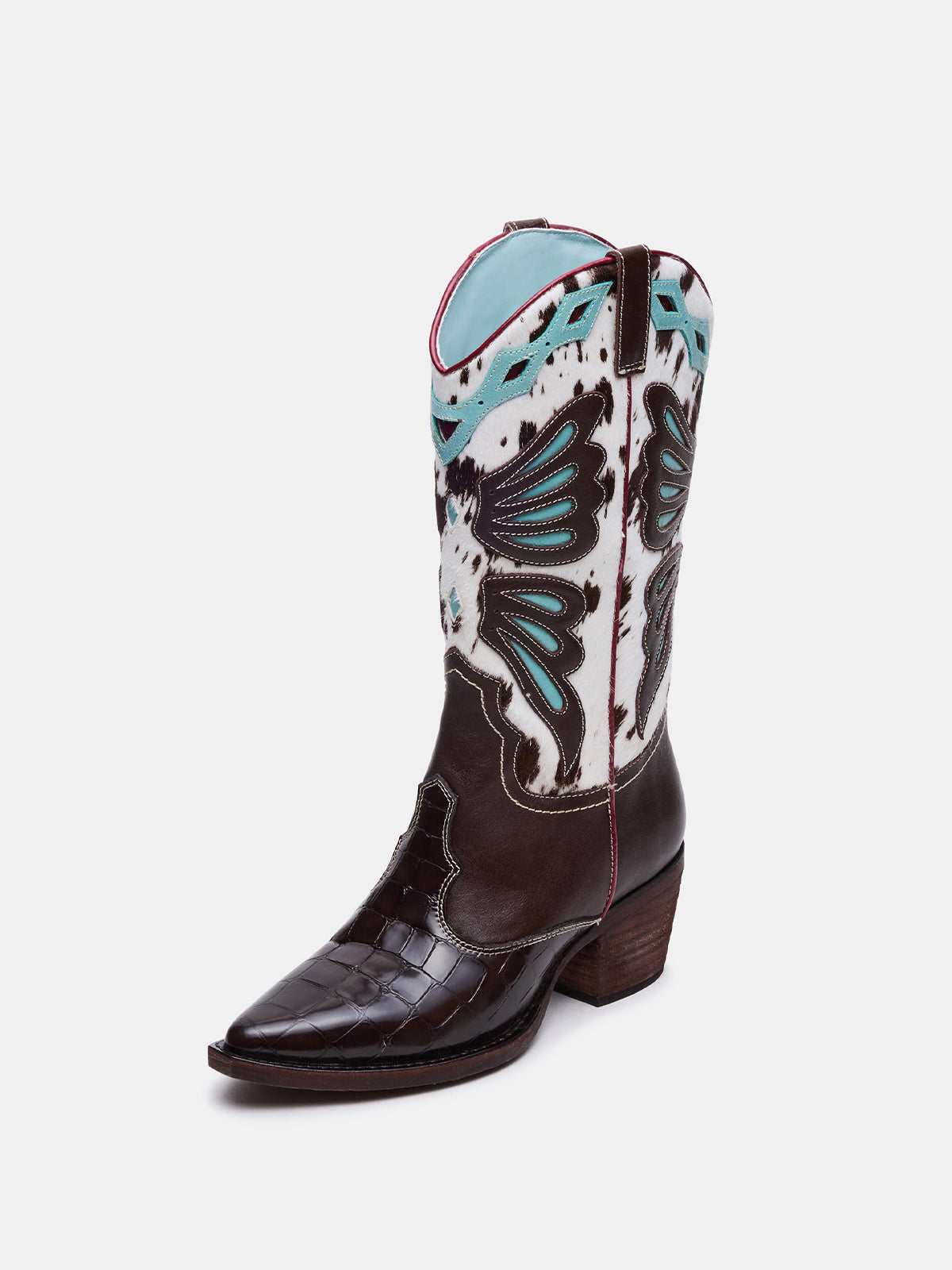 Contrast Tri-Color Crocodile And Cow Print Pointed-Toe Butterfly Inlay Mid Calf Cowgirl Boots