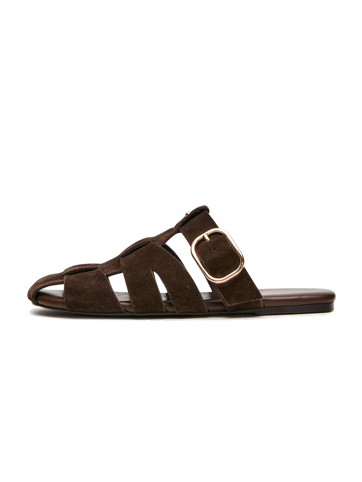 Brown Faux Suede Round-Toe Caged Design Mules Flats