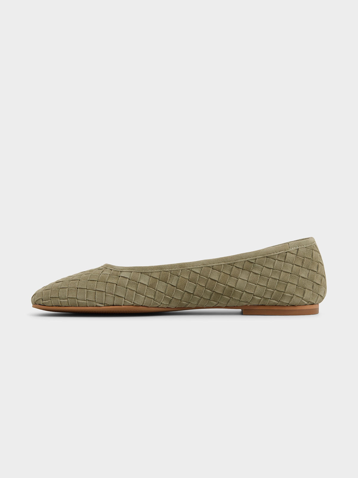Green Woven Faux Suede Square-Toe Simple And Classic Ballet Flats