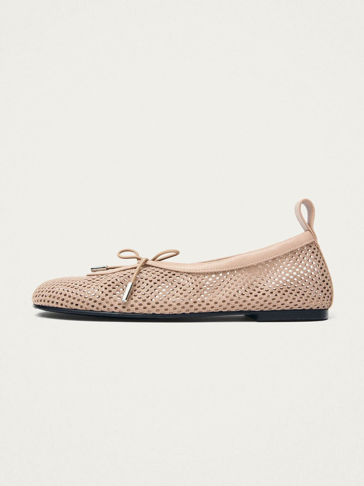 Bone Mesh And Vegan Leather Square-Toe Middle Bow Ballet Flats
