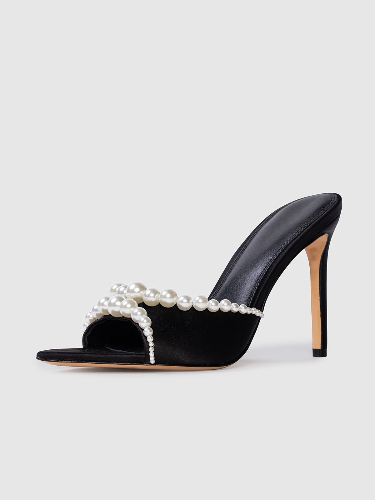 Black Satin Pointed-Toe Front Pearl High Heels