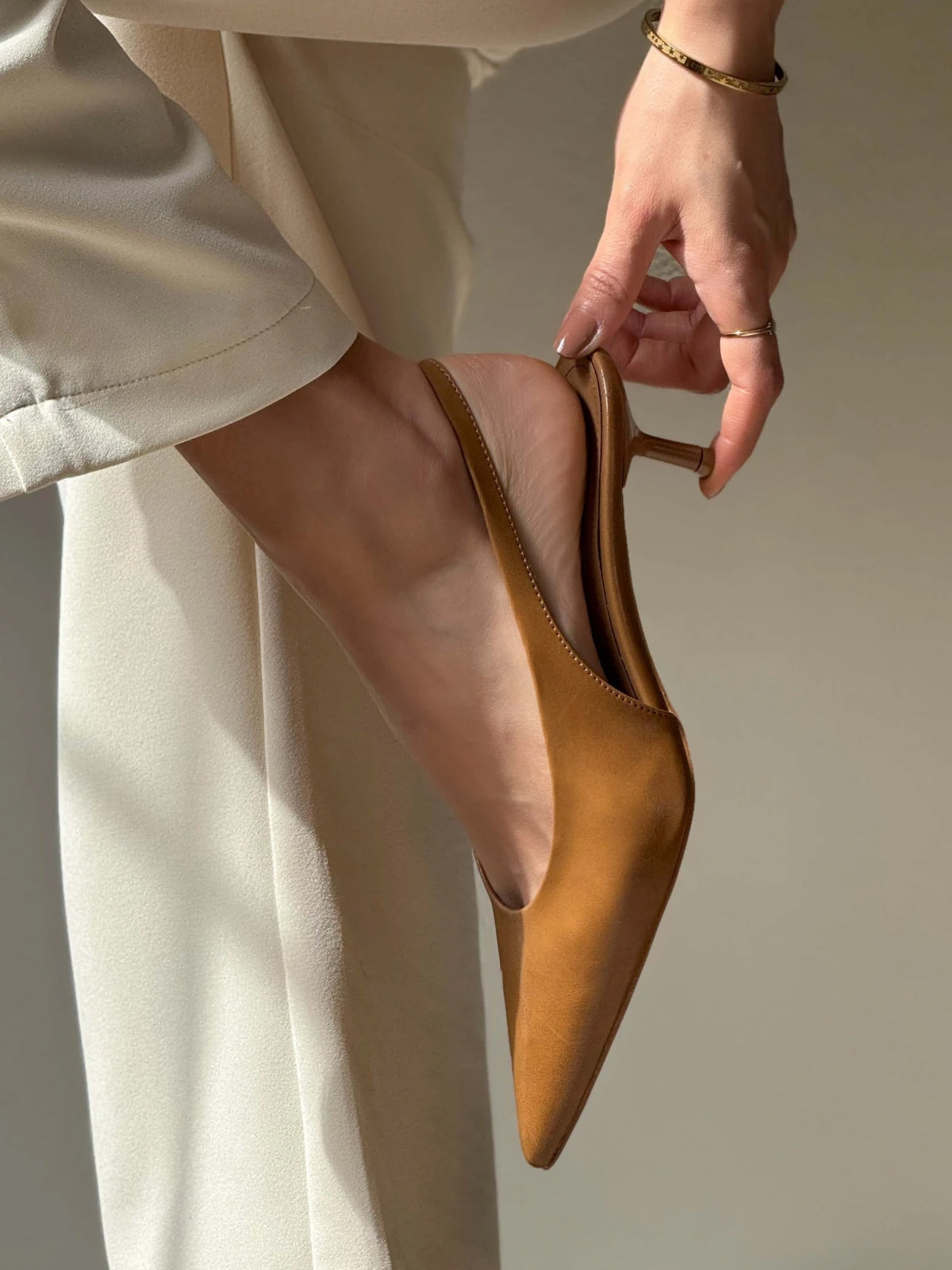 Slingback Pointed-Toe Kitten Heels - Tan
