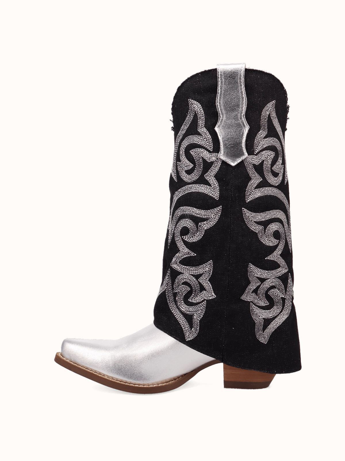 Black Denim And Silver Snip-Toe Embroidery Fold-Over Wide Calf Knee High Cowgirl Boots