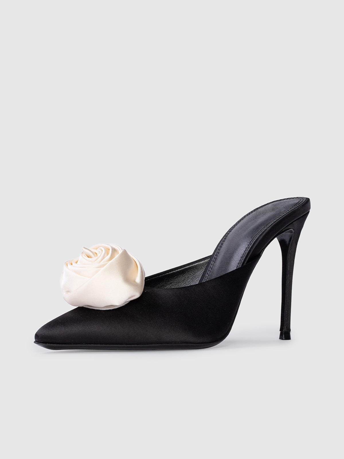Black Satin Pointed-Toe Front Rose Inlay High Heels