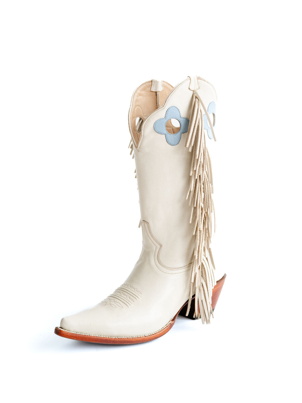 Bone Pointed-Toe Side Fringes And Cutout Mid Calf Cowgirl Boots