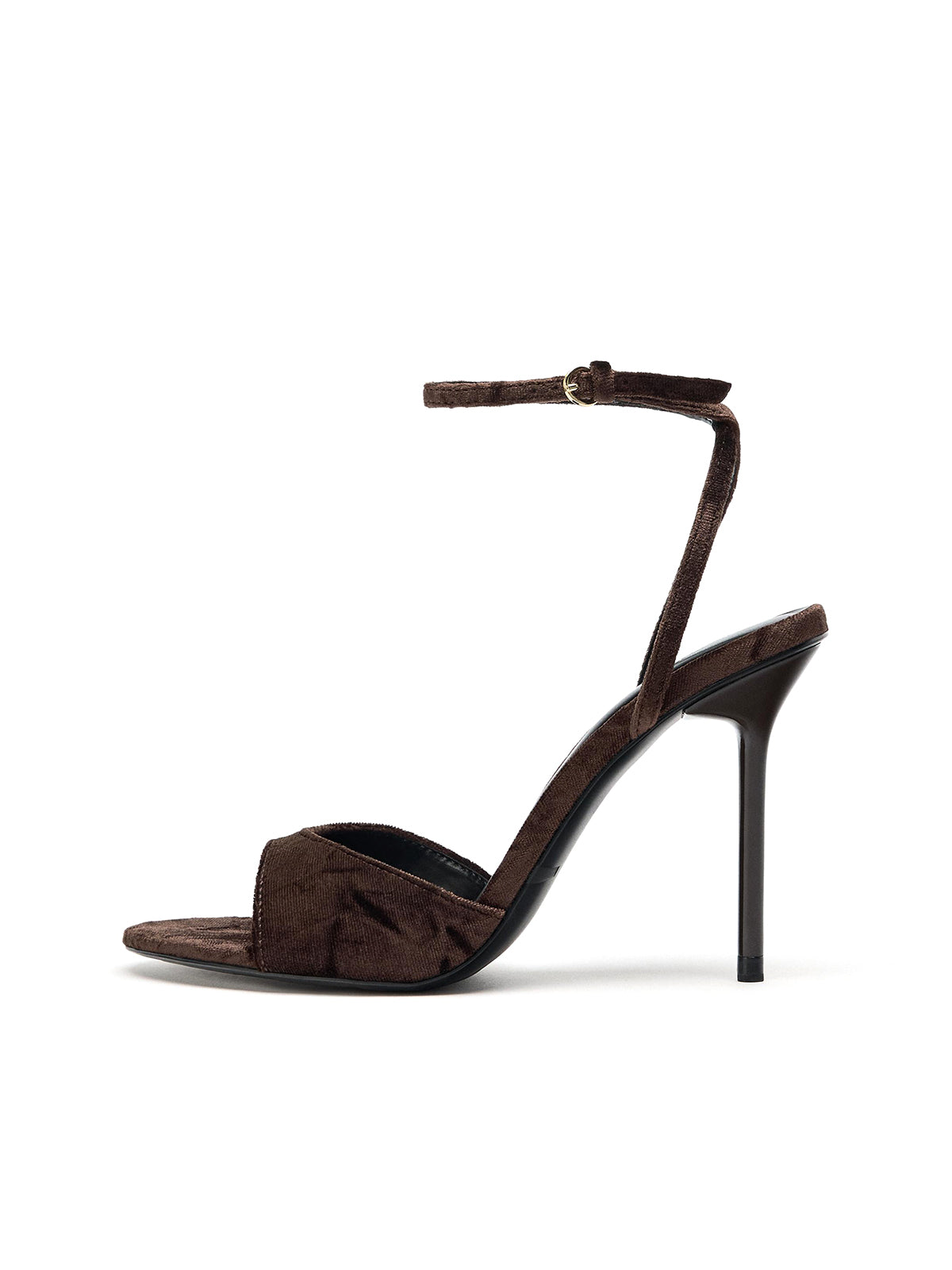 Brown Velvet Round-Toe Ankle Buckle Strap High Heels