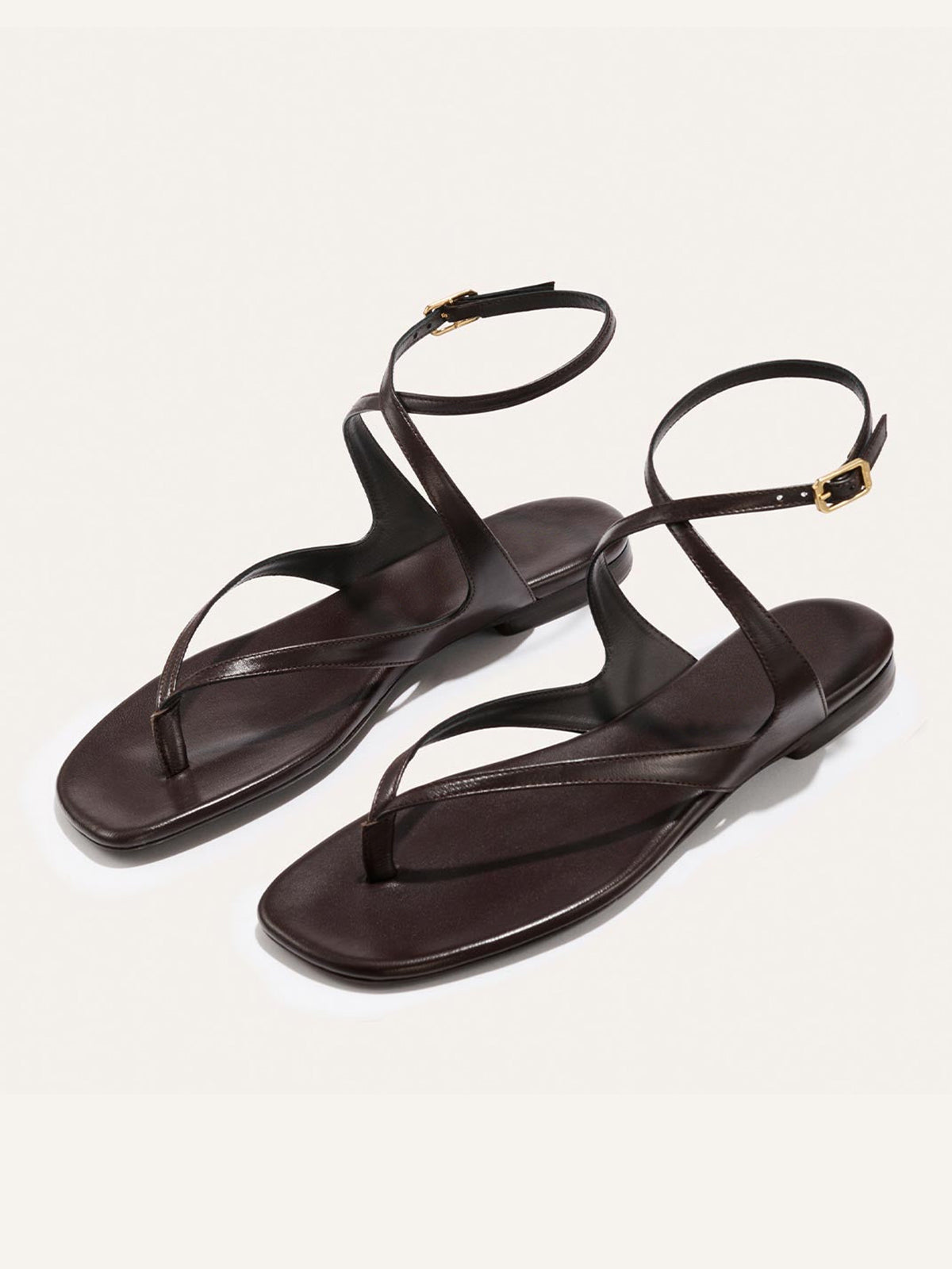 Coffee Square-Toe Strappy And Ankle Strap Chic Sandals Flats