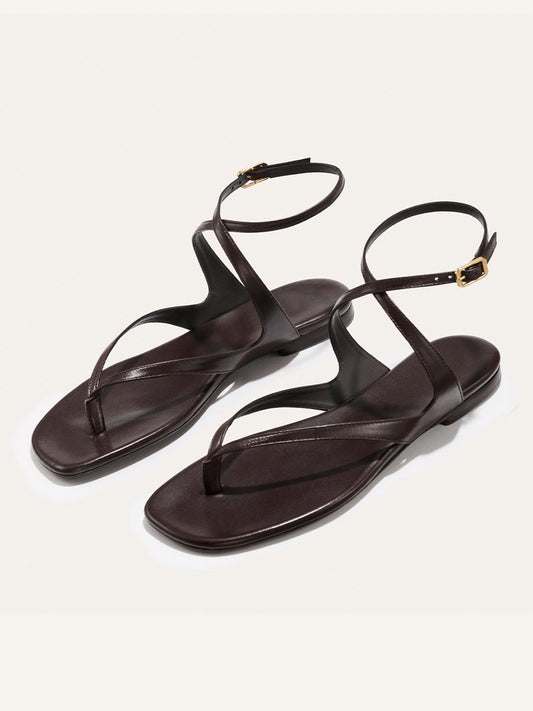 Coffee Square-Toe Strappy And Ankle Strap Chic Sandals Flats