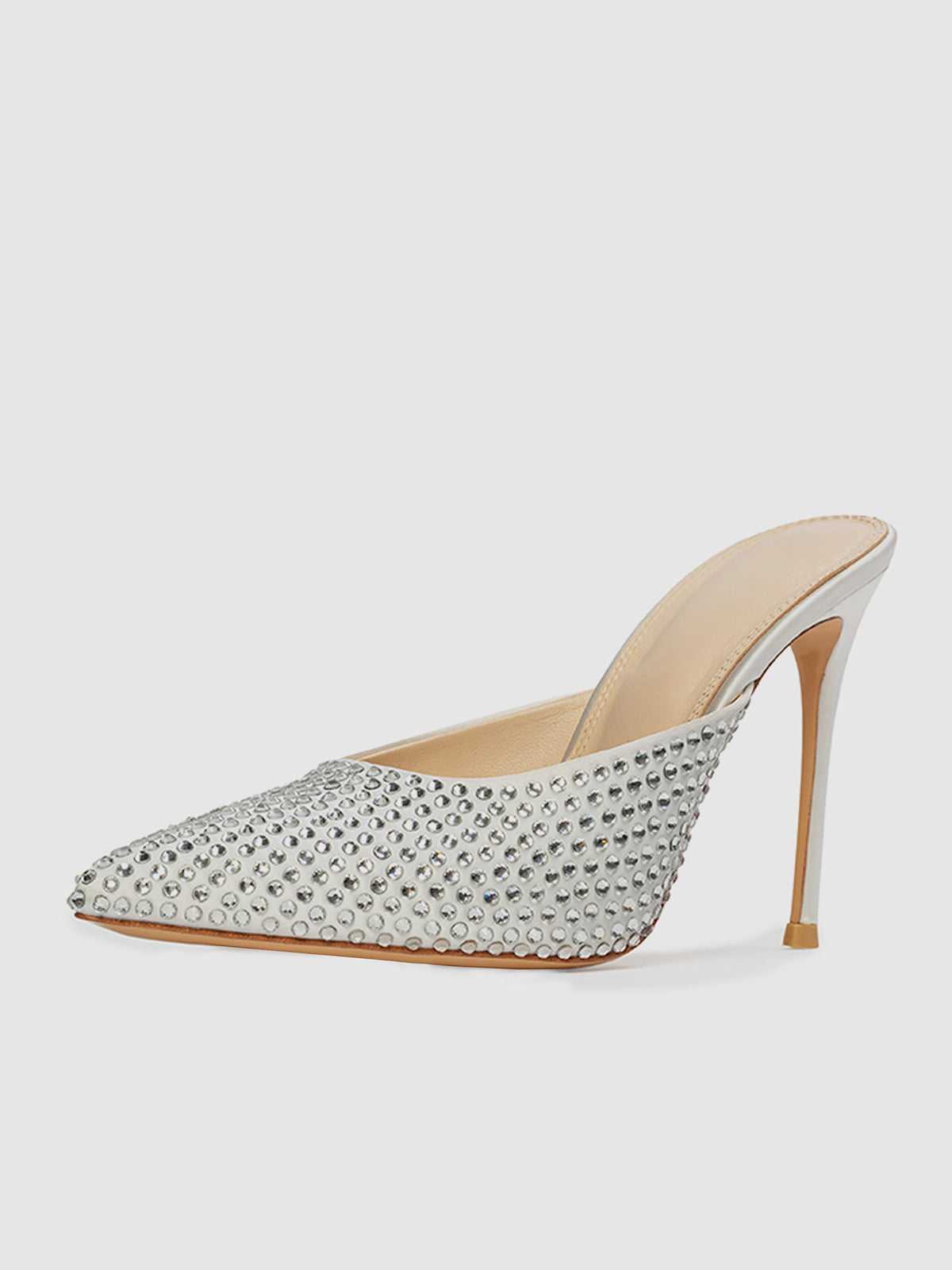 White Satin Pointed-Toe High Heels With Crystal Embellished Detail