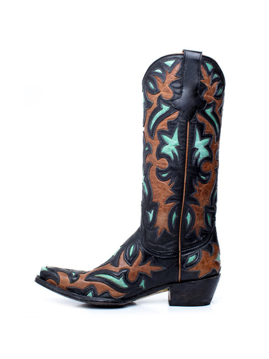 Black Snip-Toe Aqua Inlays And Embroidery Mid Calf Cowgirl Boots