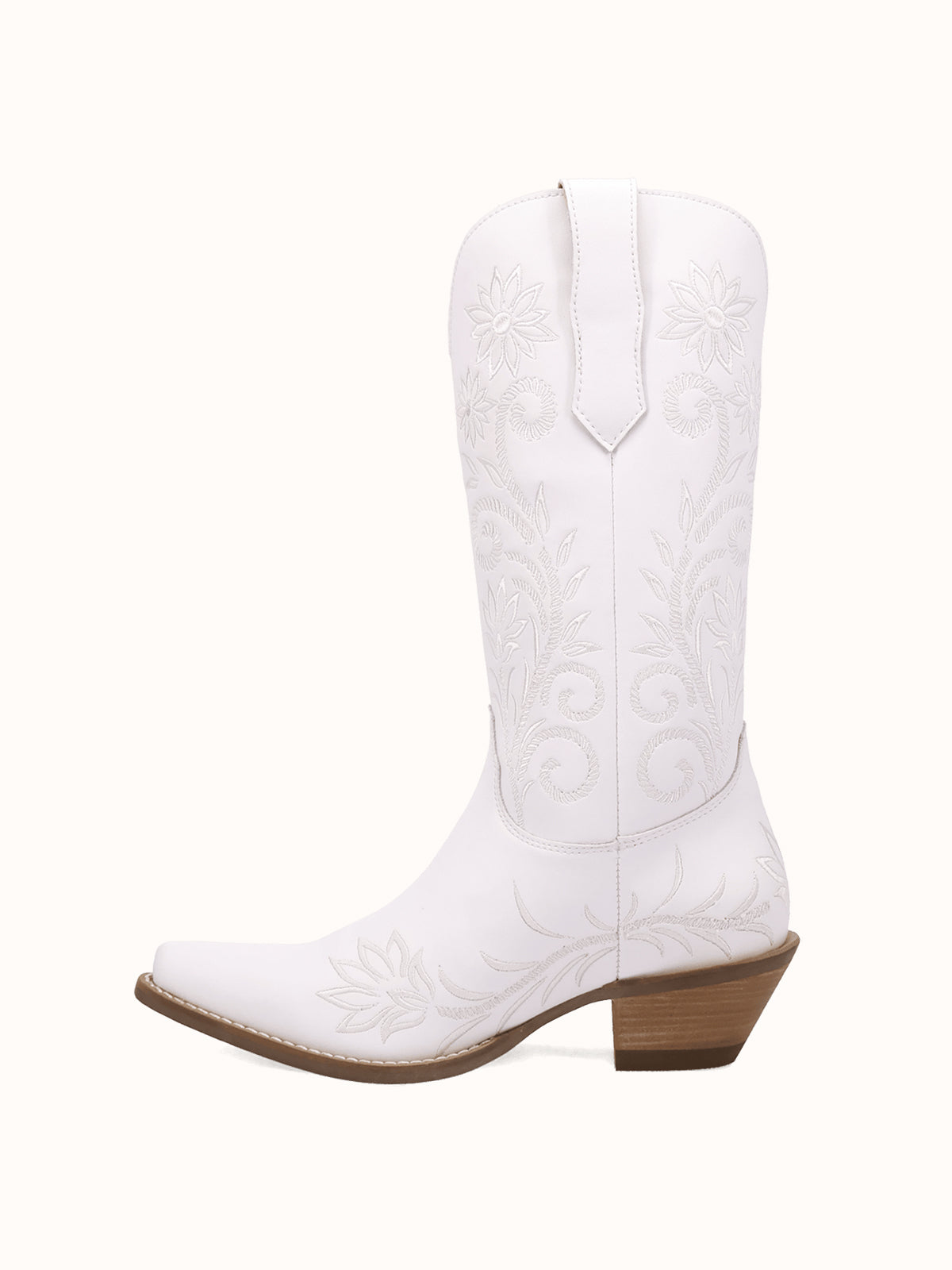 White Snip-Toe White Flowers Embroidery Chic Mid Calf Cowgirl Boots