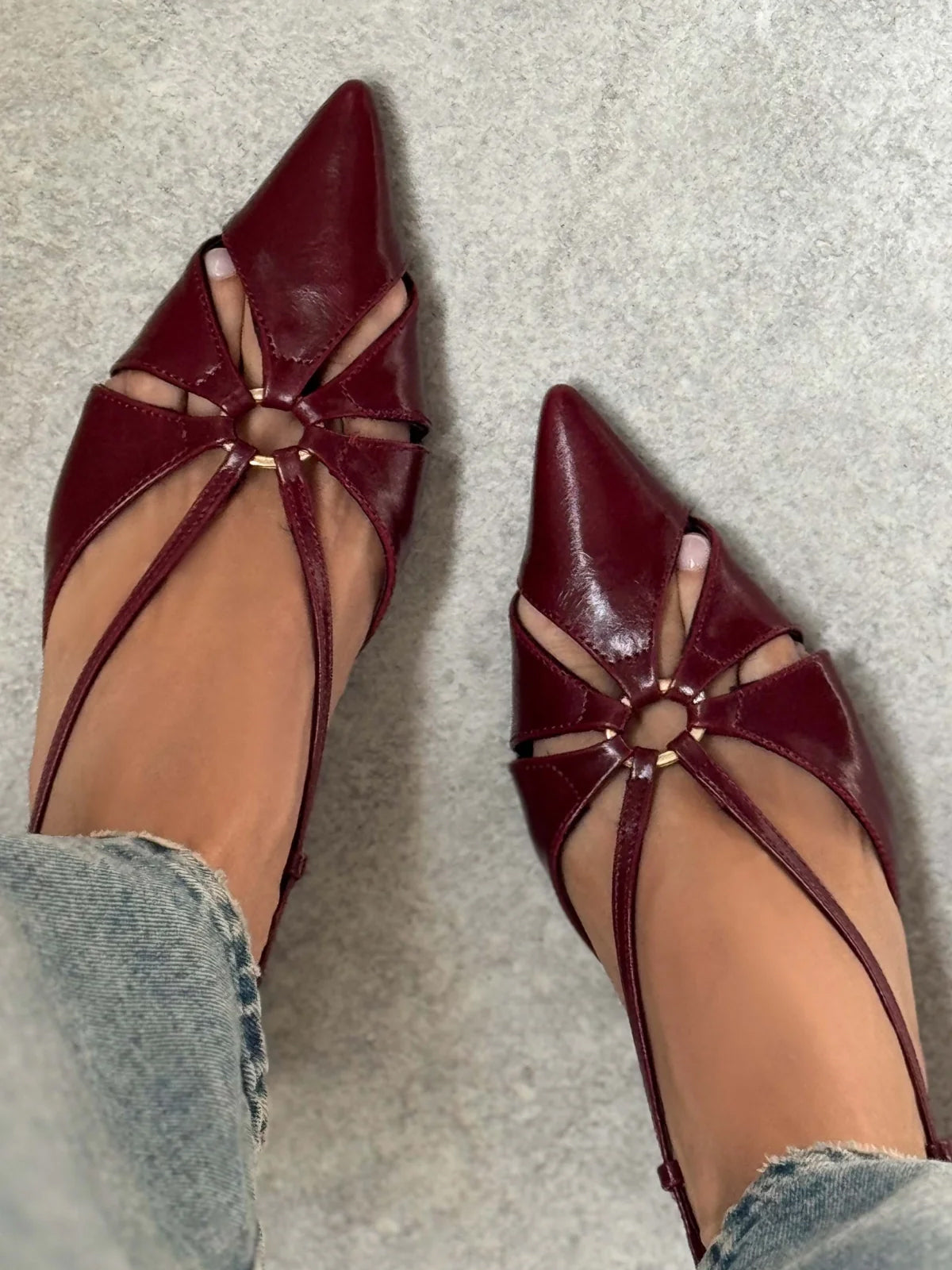 Burgundy Pointed-Toe Elastic Strap Slingback Kitten Heels