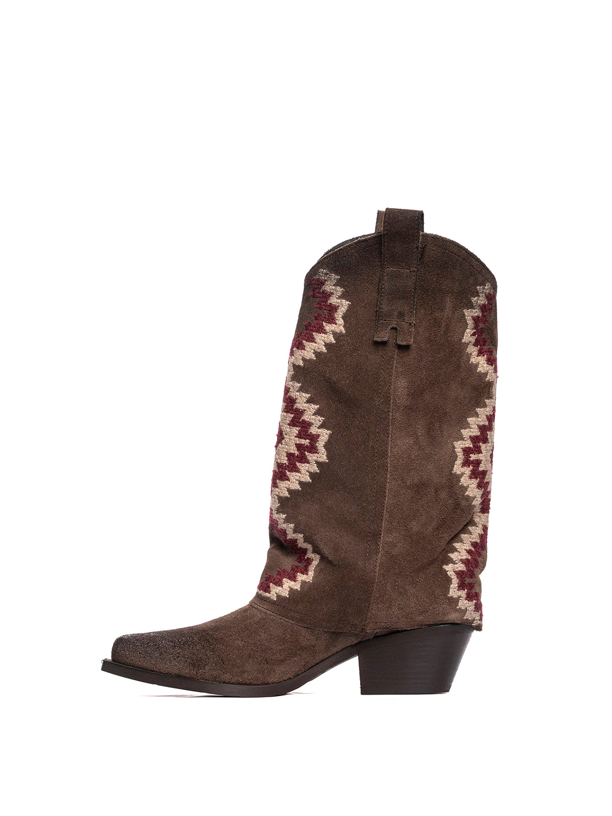 Side Fringe Snip-Toe Embroidery Fold-Over Mid Calf Cowgirl Boots - Coffee Faux Suede