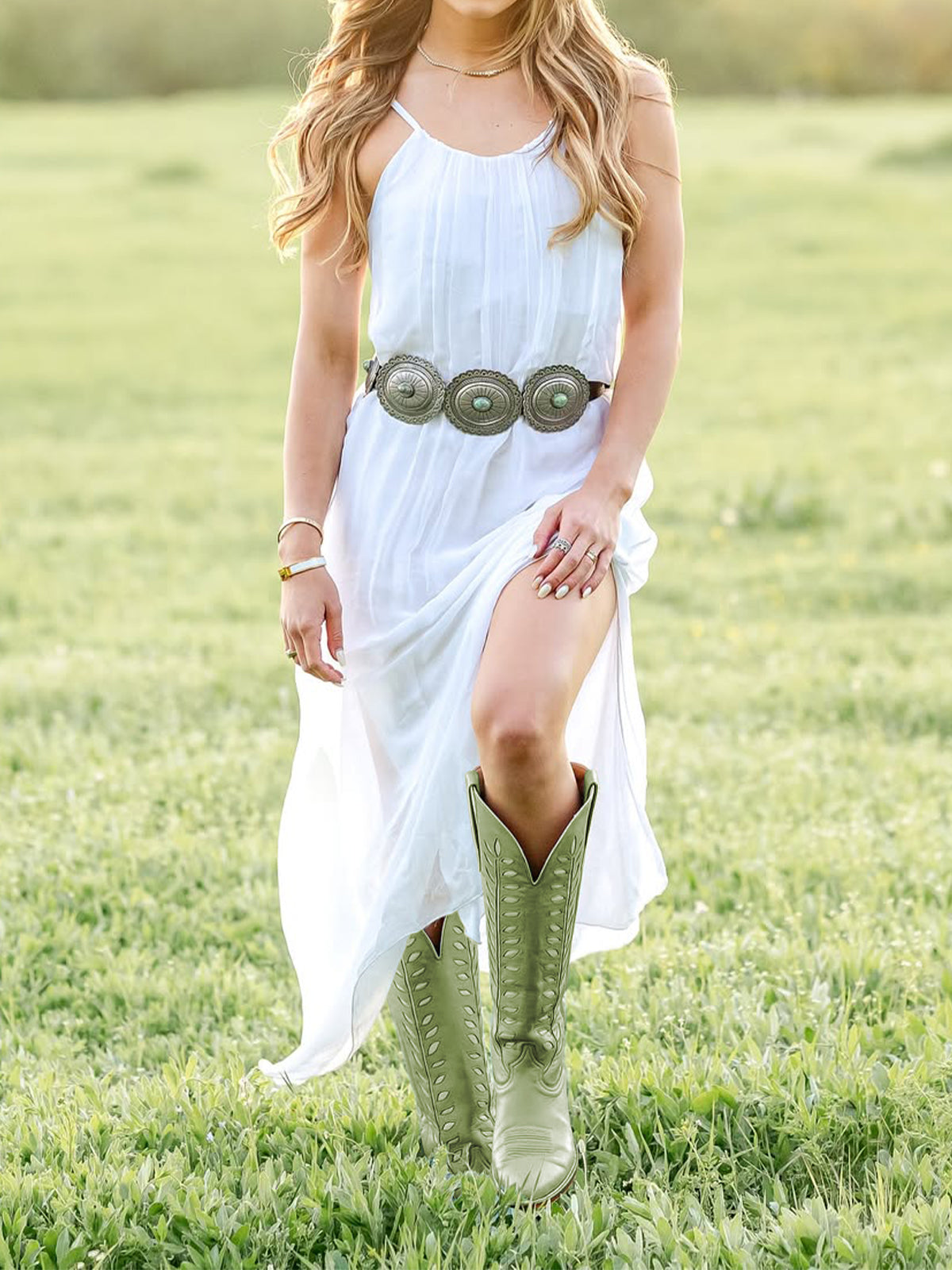 Almond-Toe White Leaves Inlay Wide Calf Tall Knee High Cowgirl Boots - Green