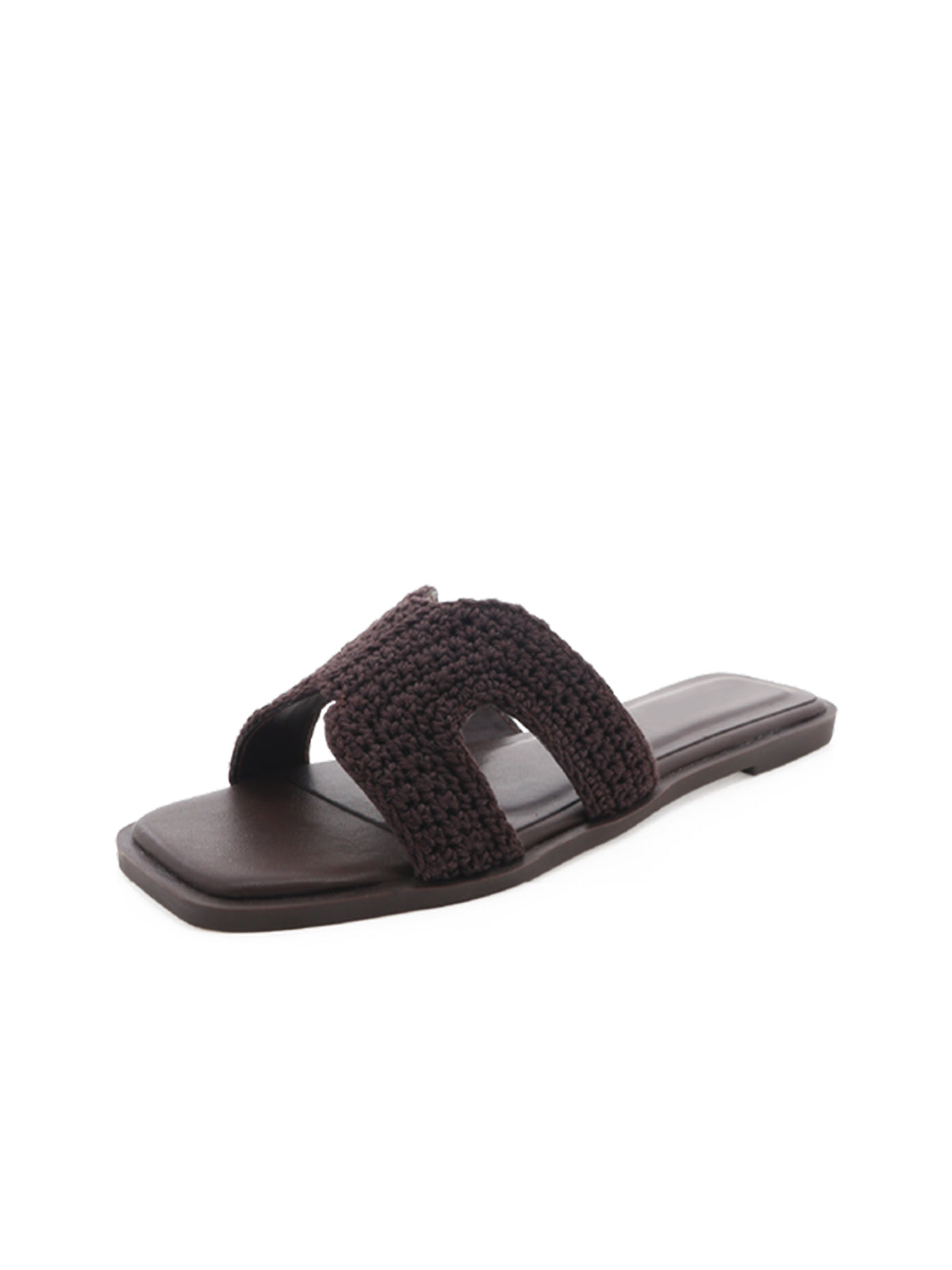Chocolate Wool Weaving Open Square-Toe Slip-On Simple Sandals Flats