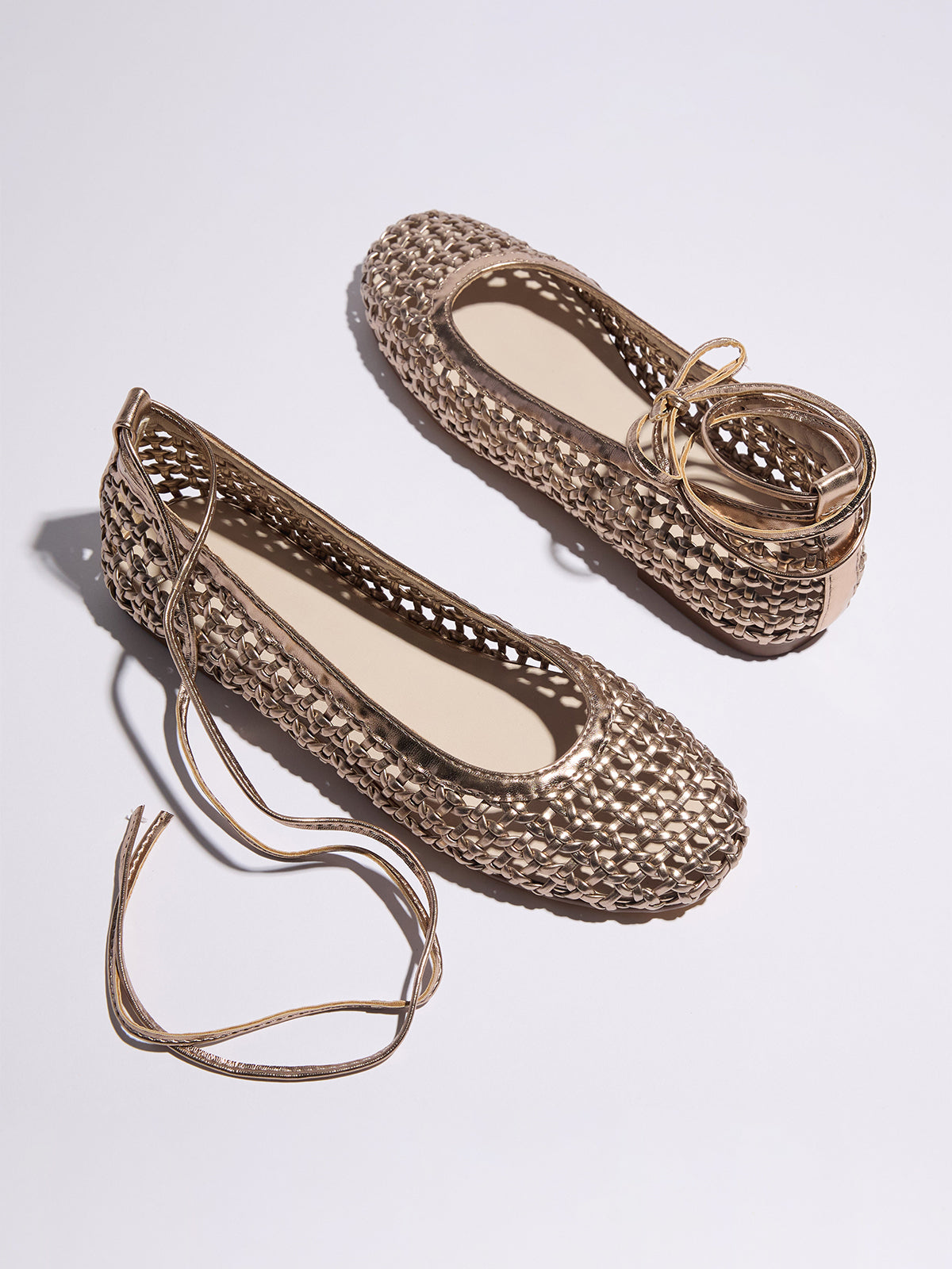 Metallic Gold Woven Round-Toe Ballet Flats
