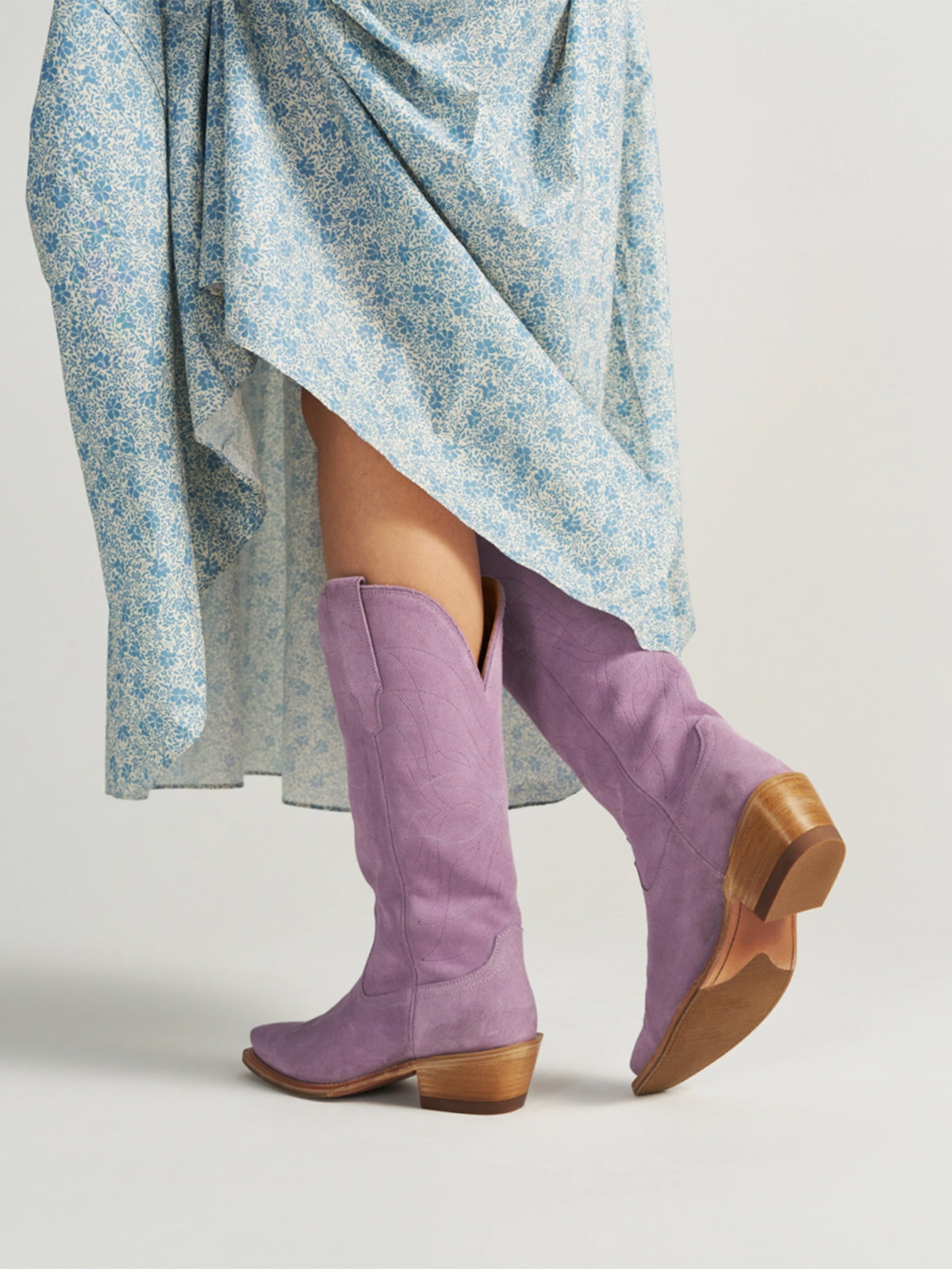 Lavender Faux Suede Snip-Toe Stitch Classic Wide Calf Knee High Cowgirl Boots