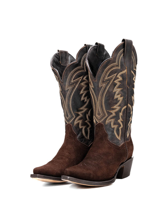 Western Snip-Toe Embroidery Mid Calf Cowgirl Boots - Dark Brown