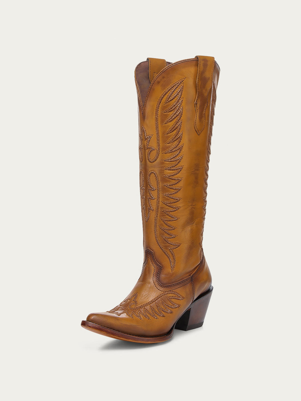 Vintage Tan Almond-Toe Chic Embroidery Half-Zip Knee High Cowgirl Boots