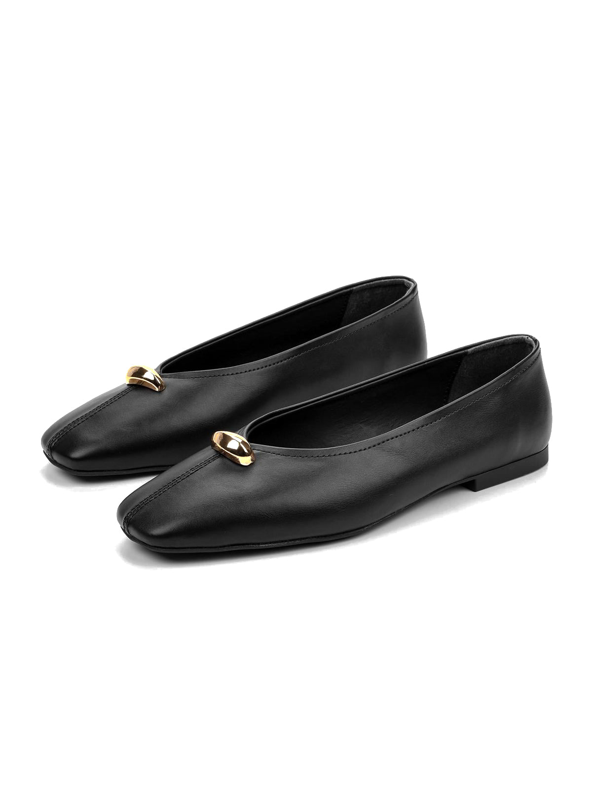 Black Square-Toe Front Gold Metal Detail Slip-On Flats