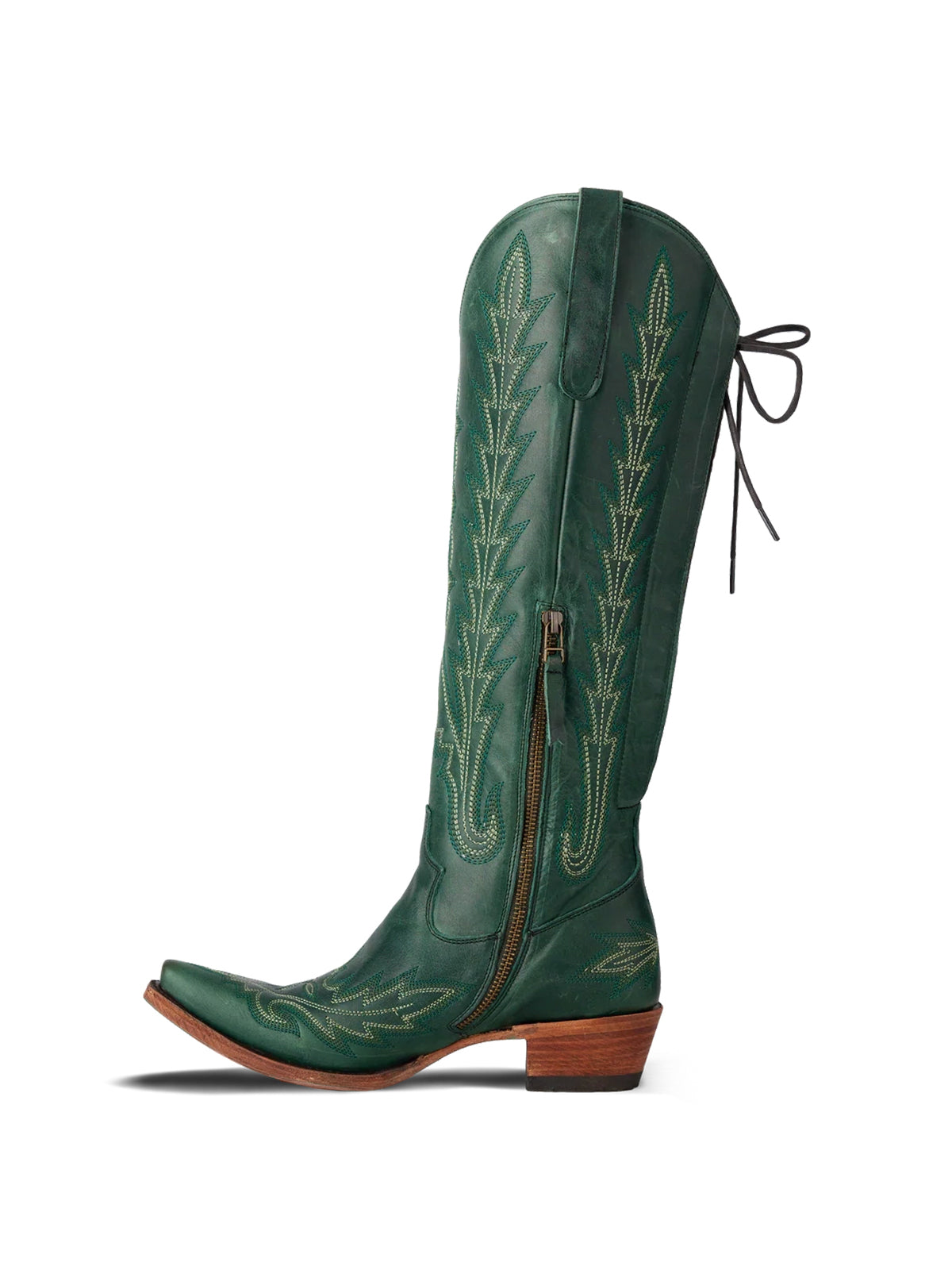 Snip-Toe Embroidery Half-Zip Back Lace-Up Knee High Cowgirl Boots - Green