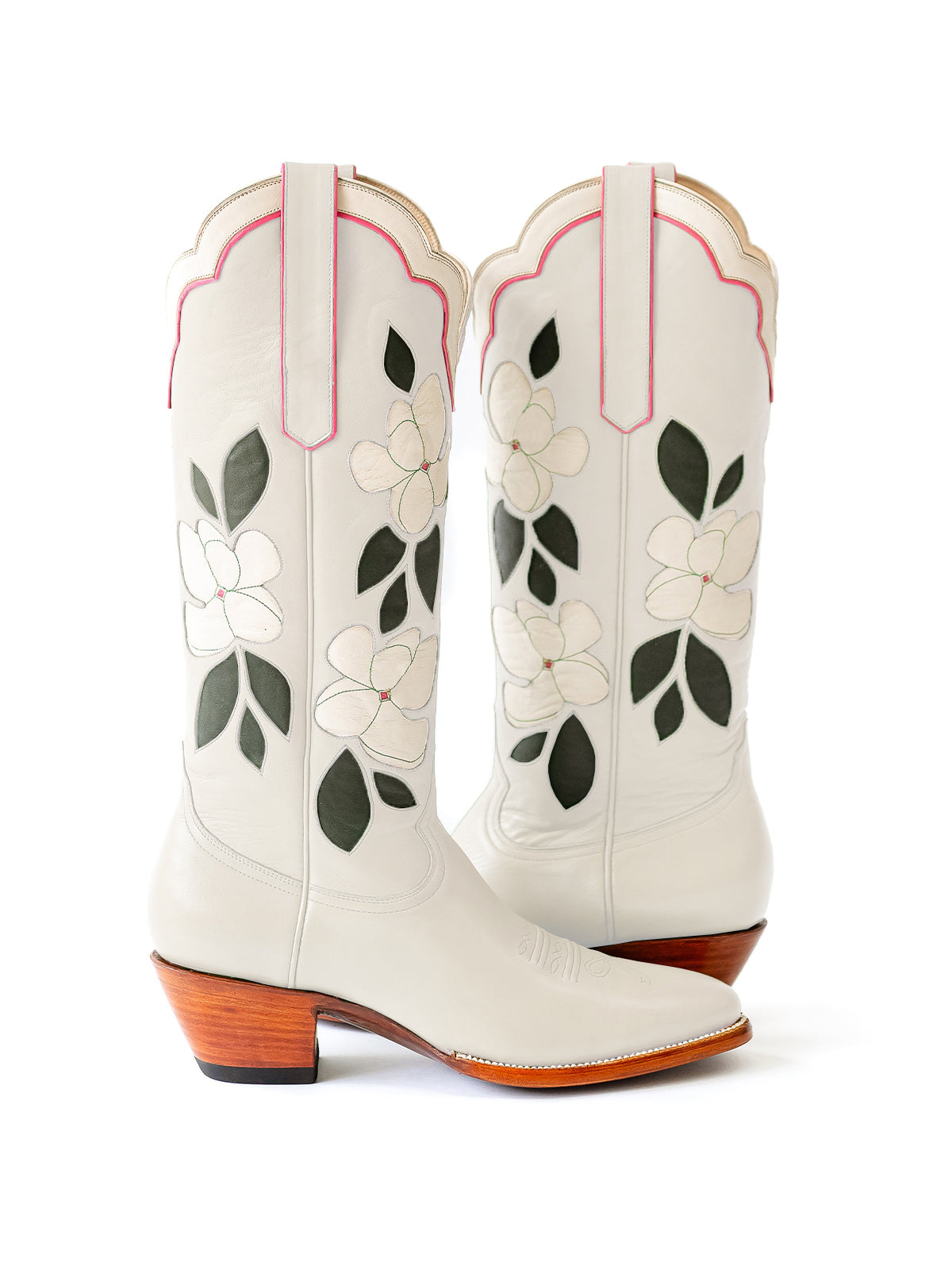 White Almond-Toe White Flower Inlay Wide Calf Knee High Cowgirl Boots