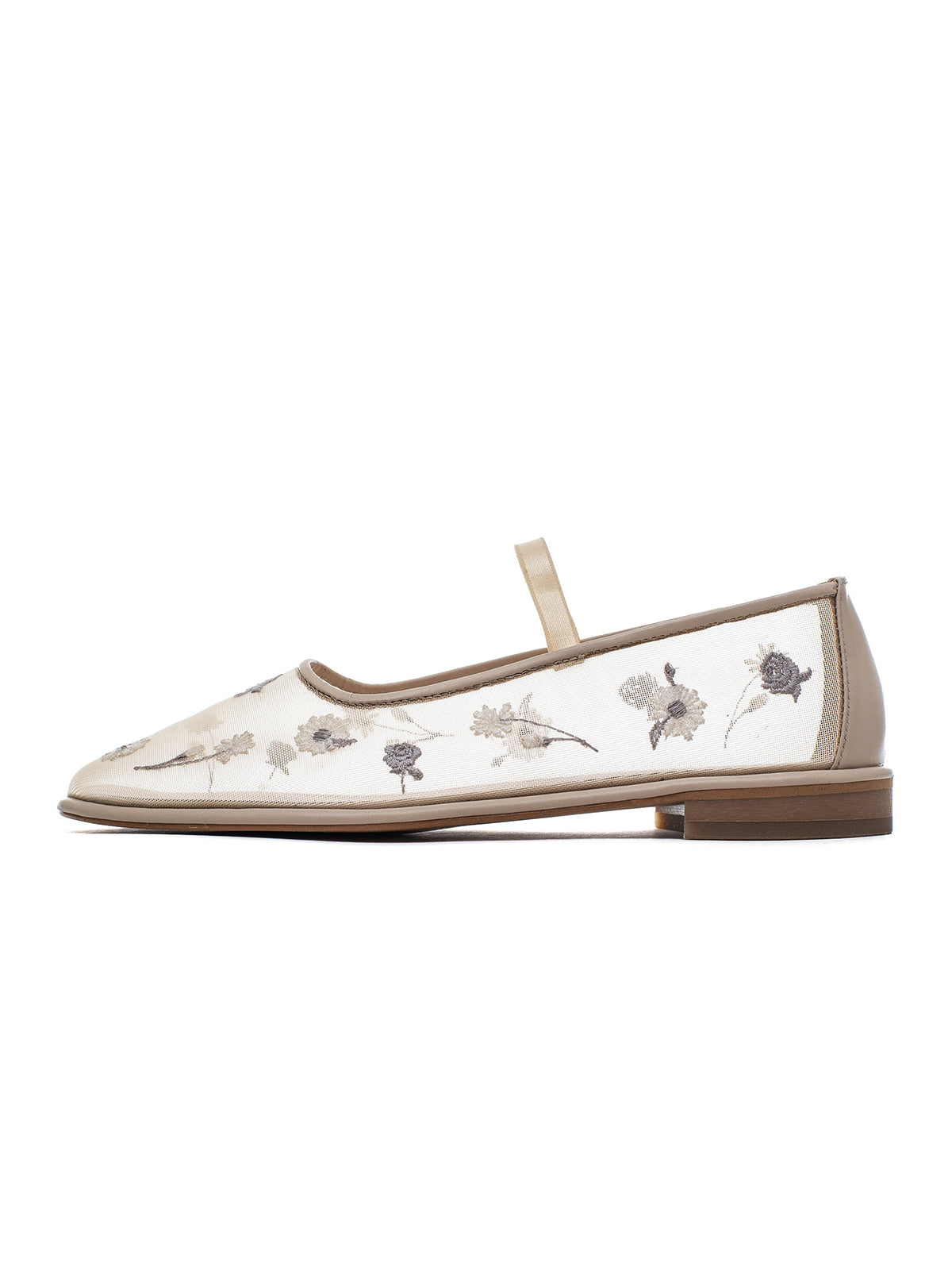 Nude Mesh Round-Toe Wildflowers Embroidery Mary Jane Ballet Flats