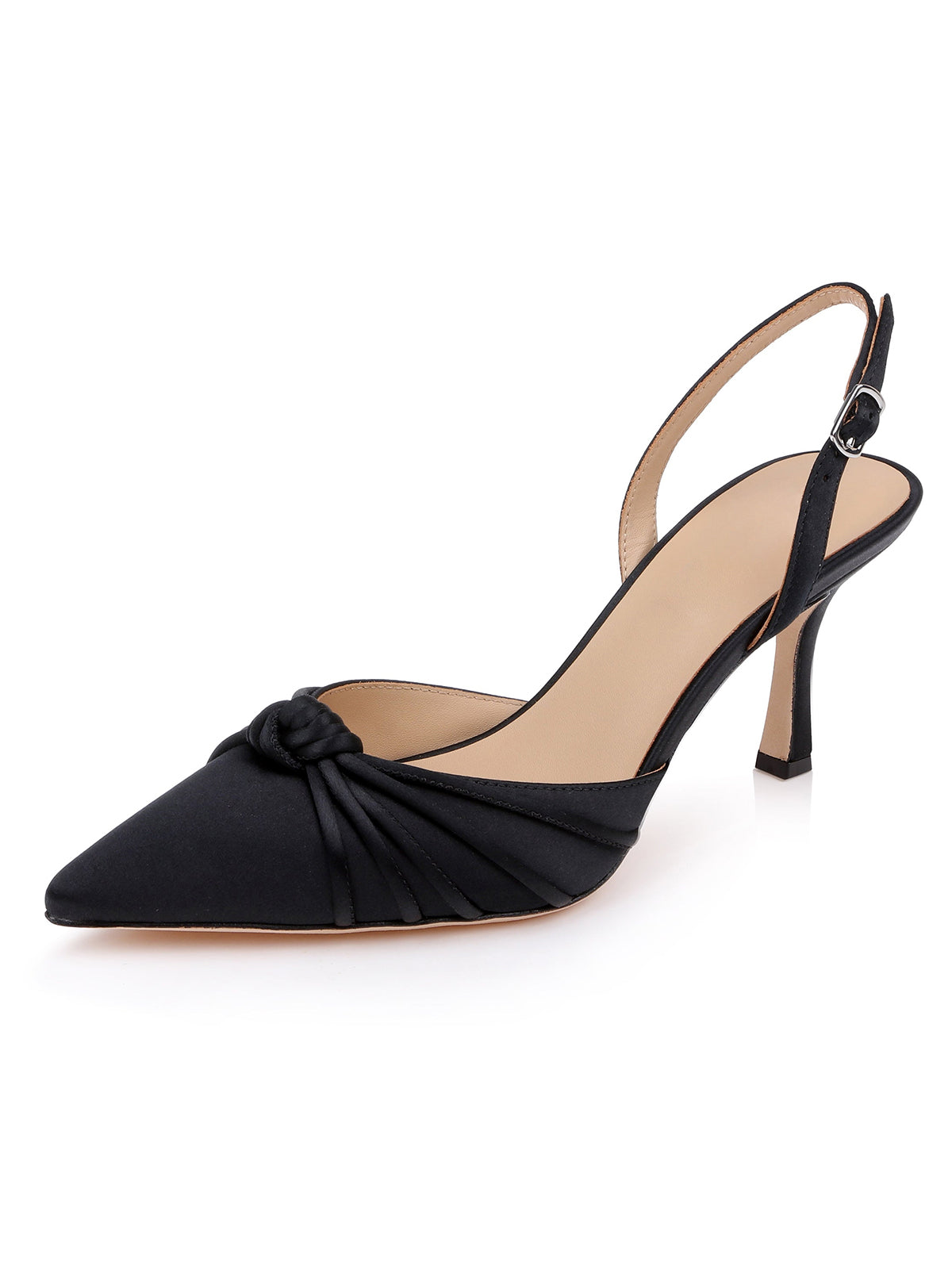 Black Satin Pointed-Toe Front Knot And Slingback High Heels