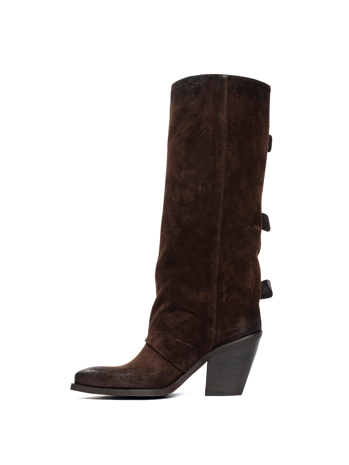 Brown Faux Suede Snip-Toe Three Buckle Straps Fold-Over Wide Calf Knee High Cowgirl Boots