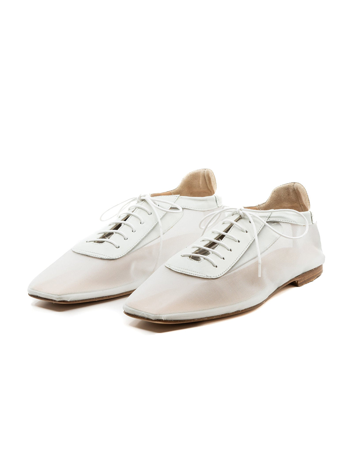 White Mesh And Vegan Leather Square-Toe Lace-Up Simple Flats