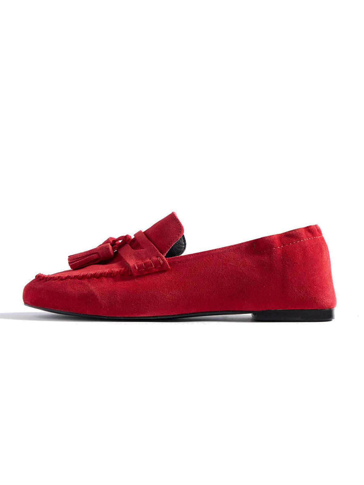 Red Cow Suede Round-Toe Front Fringe Chic Loafers Slip-On Flats