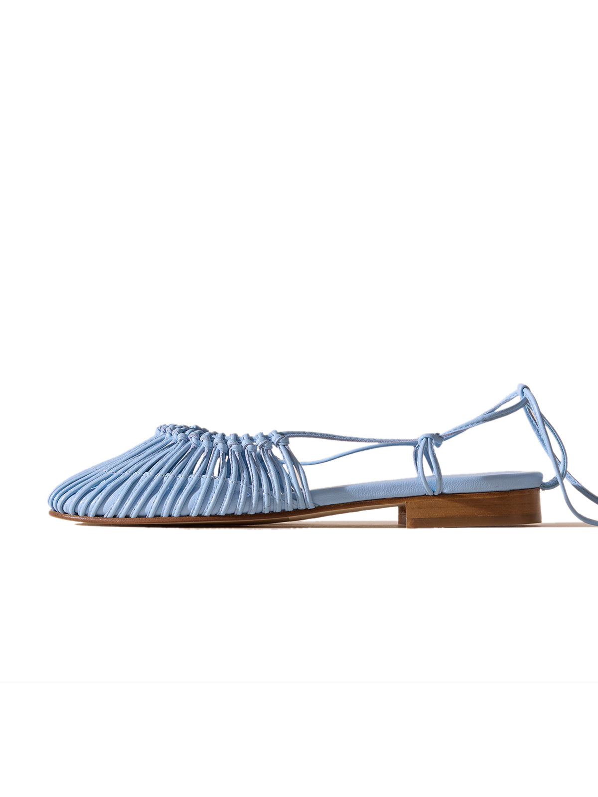 Blue Knotted Strappy Semi-Hollow Round-Toe Flats Self-Tie Sandals