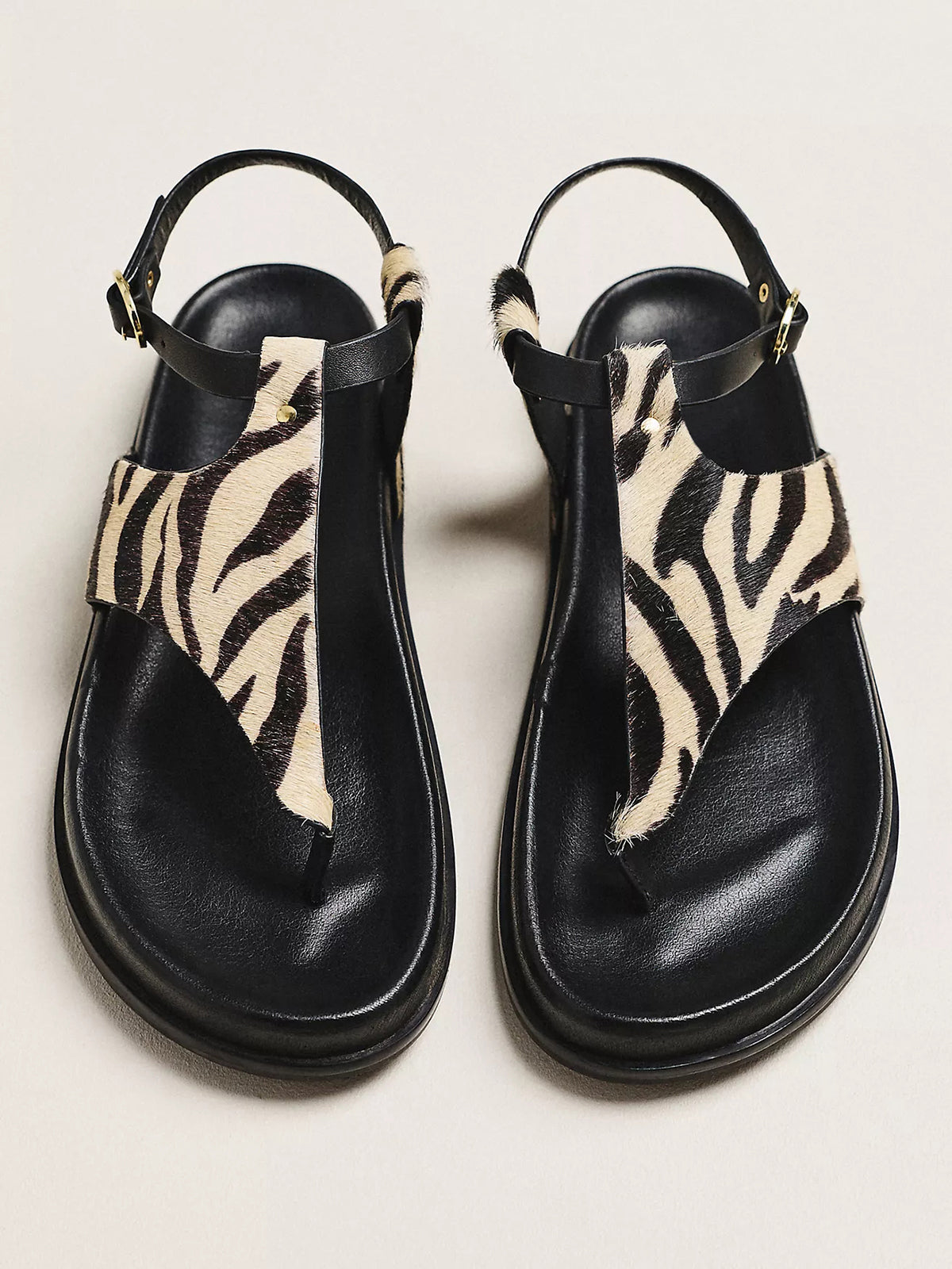 Zebra Pattern Round-Toe T-Strap And Ankle Strap Flats Sandals