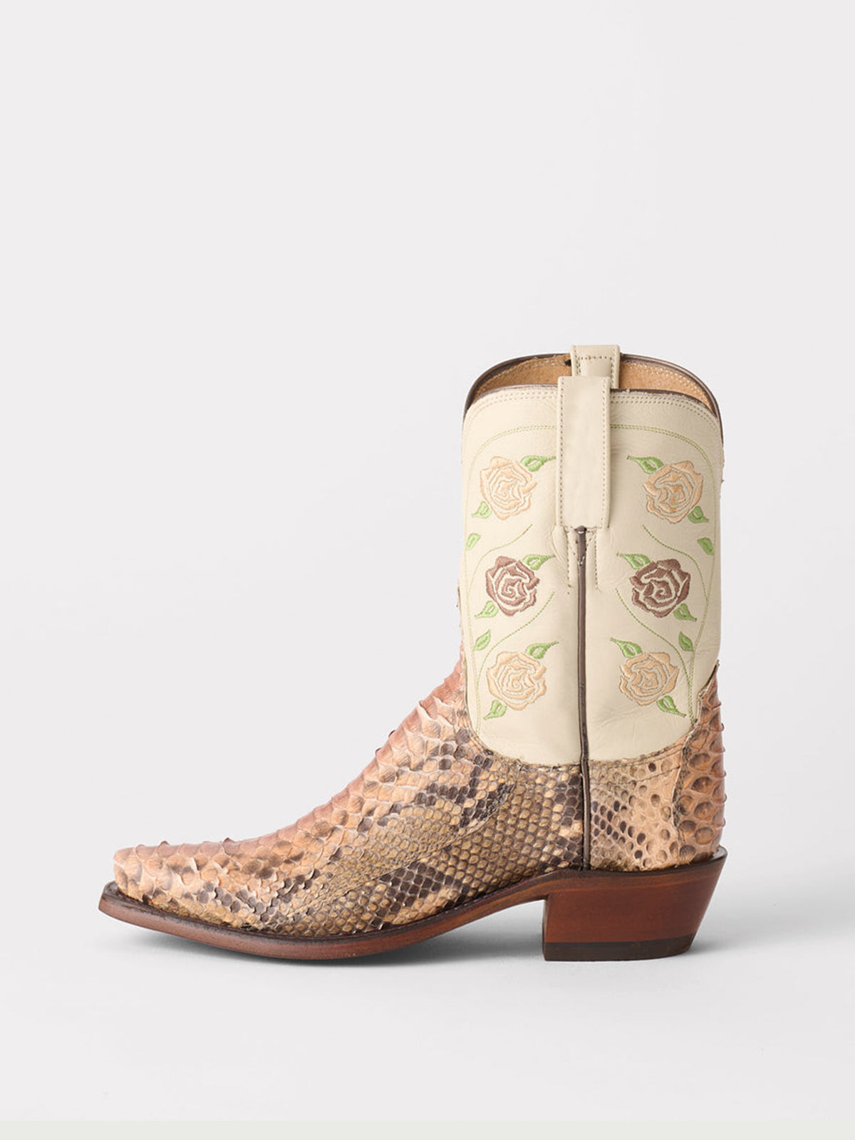 Contrast Tan And Snakeskin Snip-Toe Rose Embroidery Mid Calf Cowgirl Boots