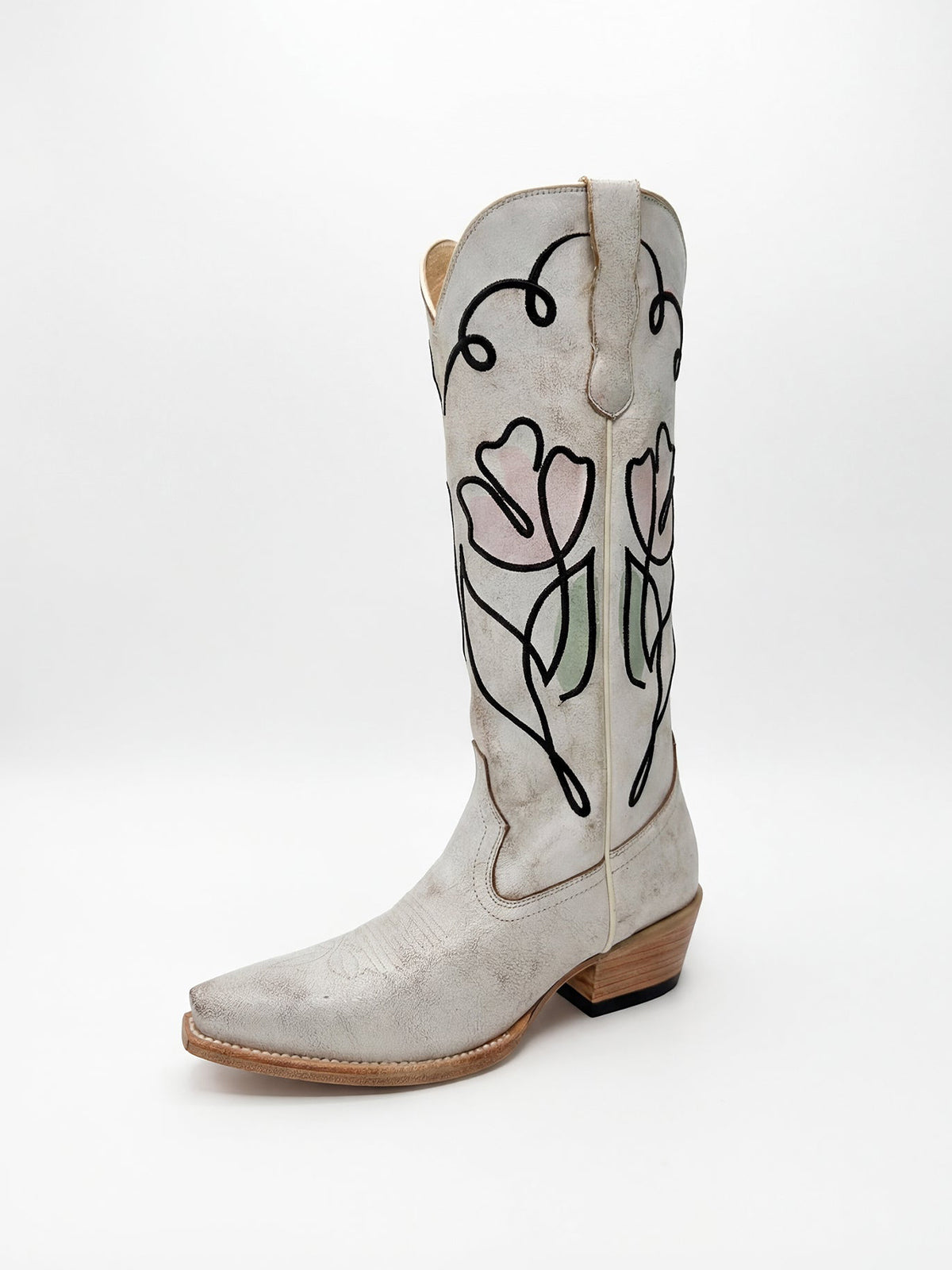 Distressed White Snip-Toe Stylish Embroidery Wide Calf Knee High Cowgirl Boots