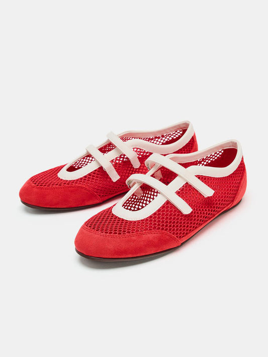 Red Mesh And Faux Suede Round-Toe Adhesive Strap Flats Sneakers