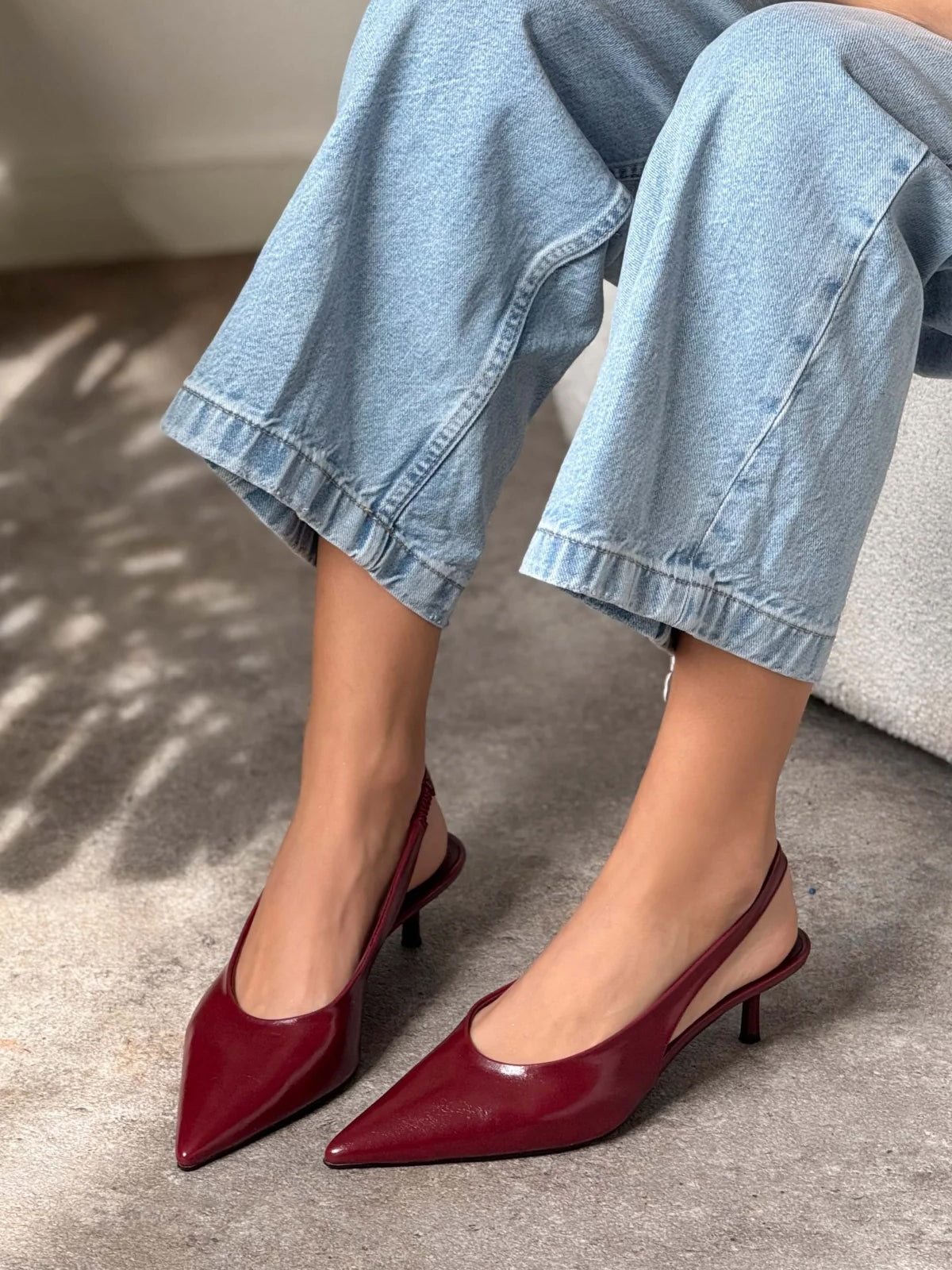 Slingback Pointed-Toe Kitten Heels - Burgundy