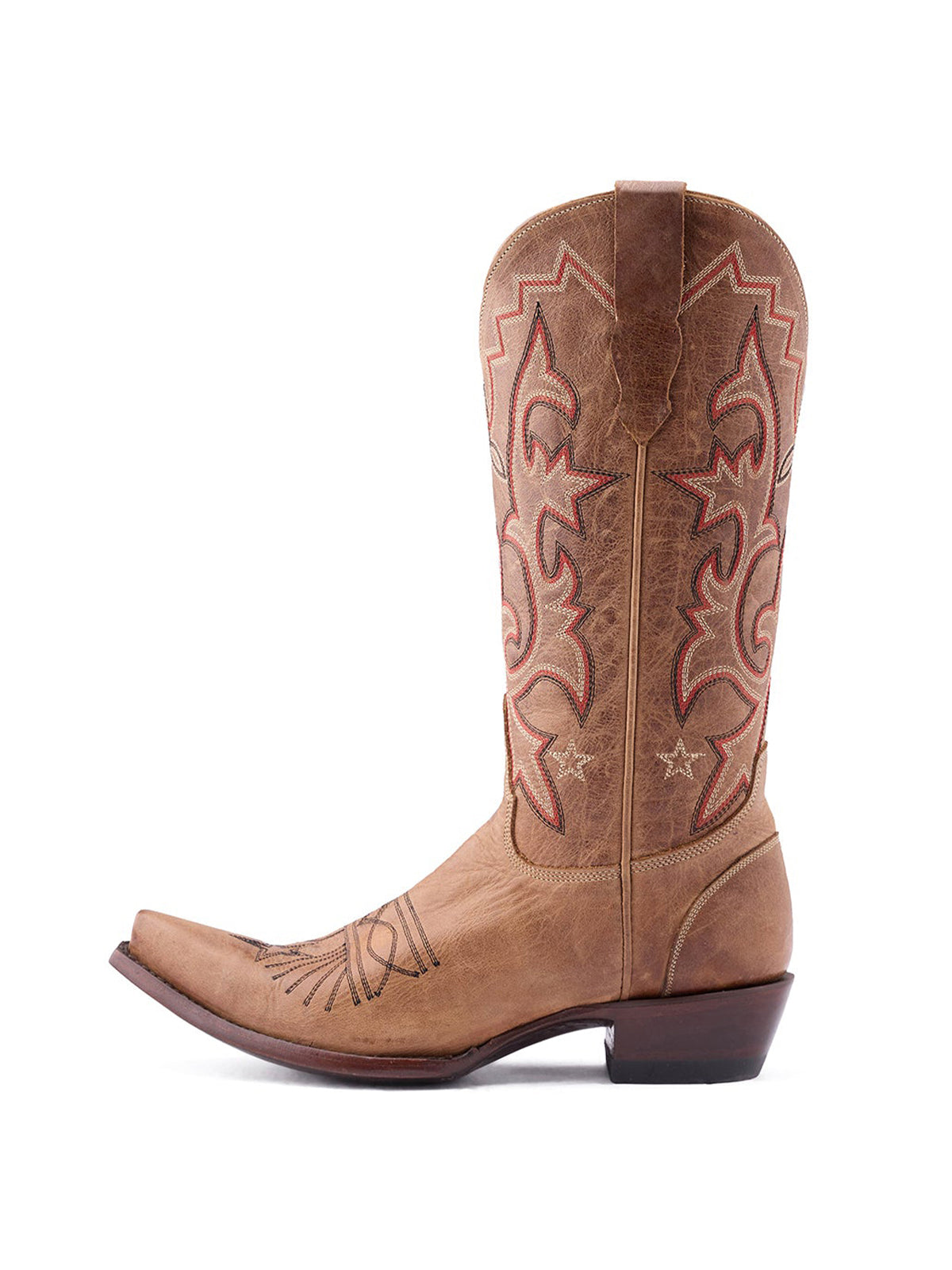 Cognac Snip-Toe Classic And Star Embroidery Half-Zip Mid Calf Cowgirl Boots