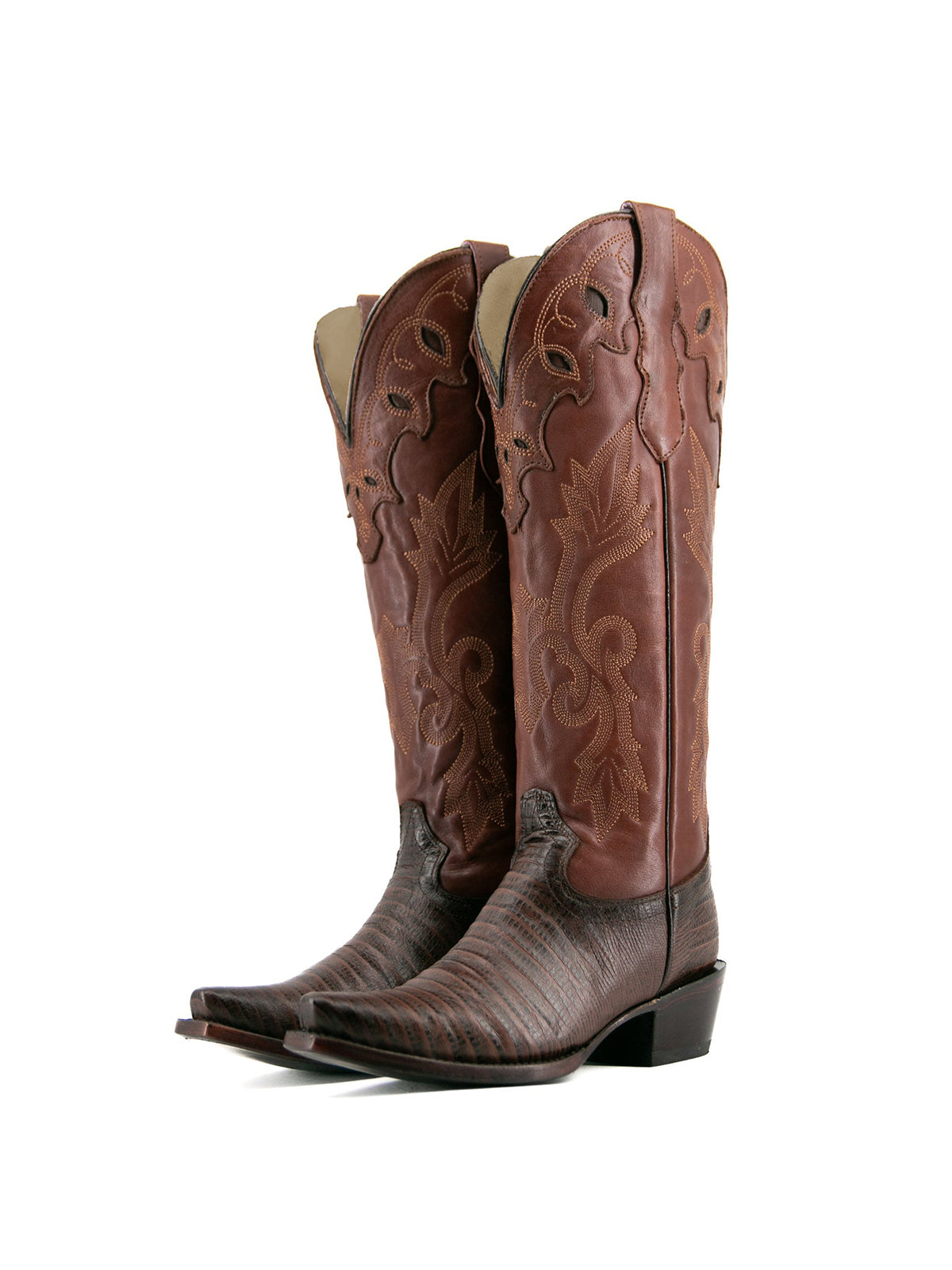 Brown Contrast Vegan Leather And Lizard-Embossed Vegan Leather Snip-Toe Embroidery Half-Zip Knee High Cowgirl Boots