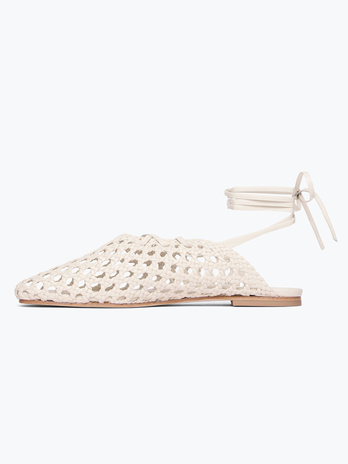 Woven Vegan Leather Square-Toe Ankle Lace-Up Backless Flats - Bone