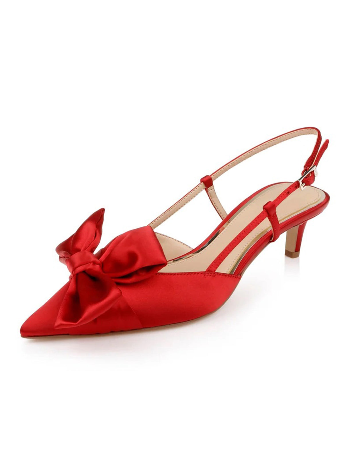 Red Satin Pointed-Toe Front Bow Slip-On Slingback Chic Kitten Heels