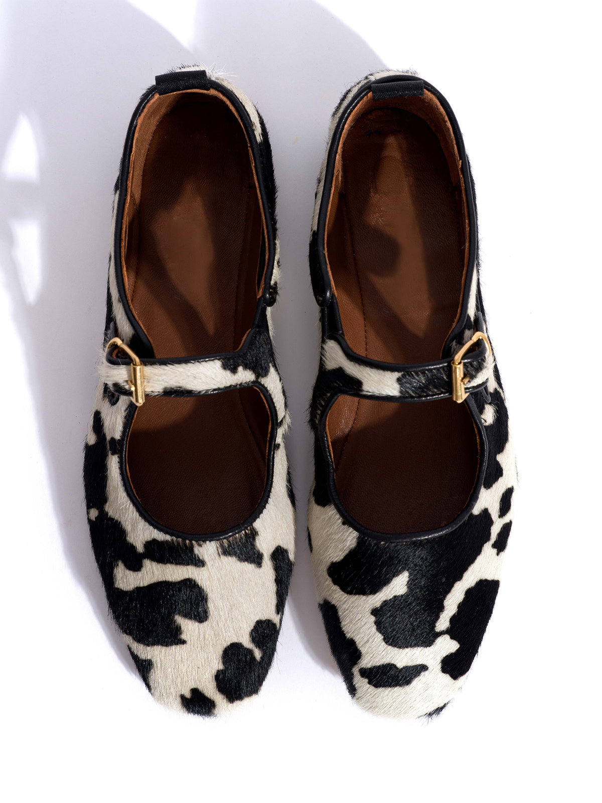 Square-Toe Buckle Strap Chic Flats - Cow Pony Hair Vegan Leather